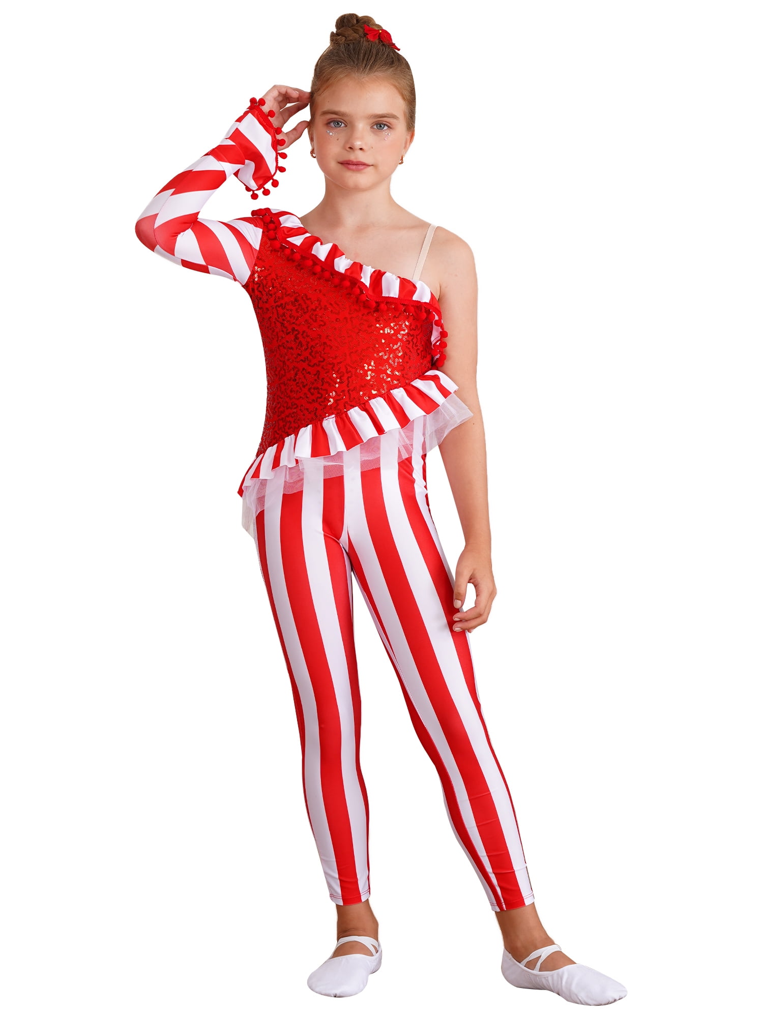 iEFiEL Girls Christmas Candy Cane Costume Striped Ballet Unitard