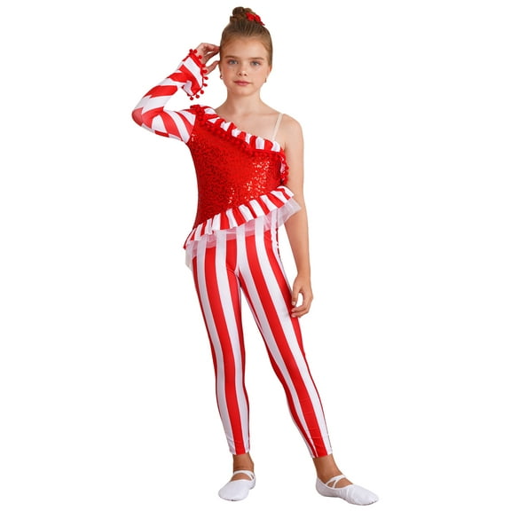 iEFiEL Girls Christmas Candy Cane Costume Striped Ballet Unitard Sequins Jumpsuit Red 6
