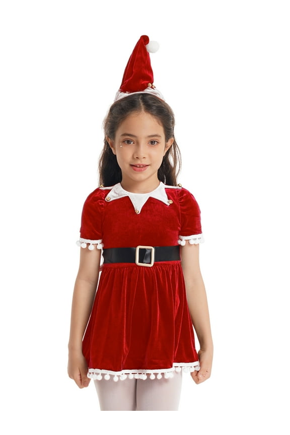 Girls Christmas Miss Santa Dress Costume Velvet Tassels Tutu Dress with Hat Belt Red 3