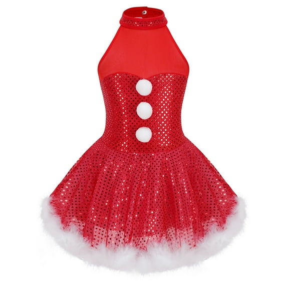 iEFiEL Girls Christmas Snowman Costume Velvet Puff Sleeves Ballet Tutu Dress Leotard Red 8