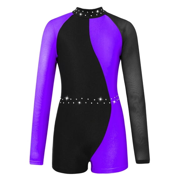 iEFiEL Girls Contrast Color Long Mesh Sleeve Gymnastic Leotard Ballet Dance Training Jumpsuit