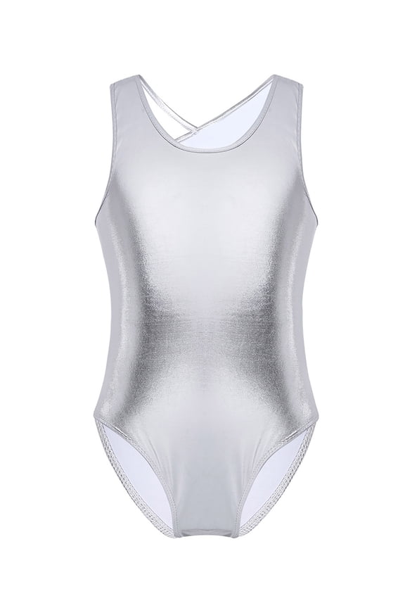 Girls Criss Cross Back Metallic Dance Leotard Gymnastics Leotard Silver 5-6
