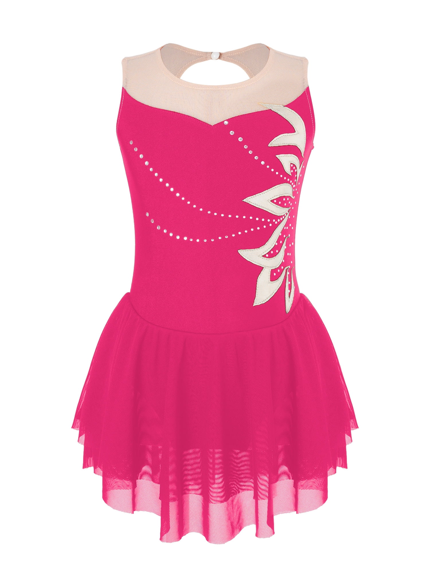 iEFiEL Girls Figure Ice Skating Dress Hollow Back Mesh Splice Leotard ...