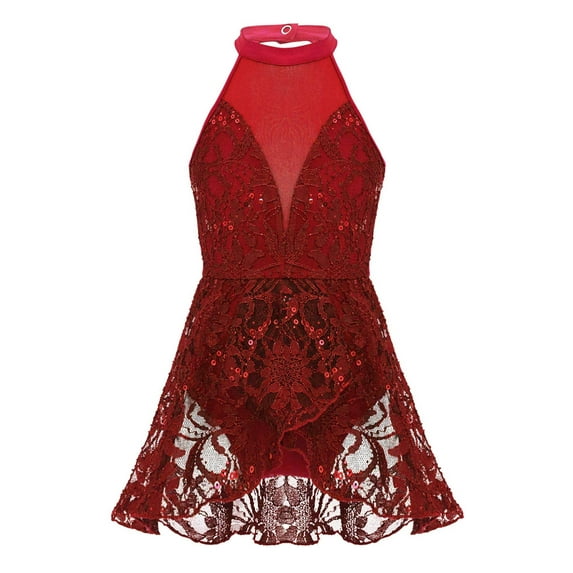 iEFiEL Girls Floral Lace Sequins Ballet Leotard Mesh Lyrical Latin Dance Dress
