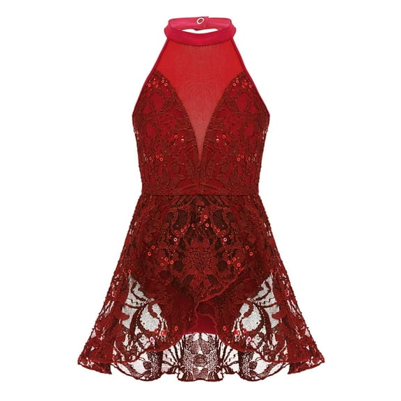 iEFiEL Girls Floral Lace Sequins Ballet Leotard Mesh Lyrical Latin Dance Dress