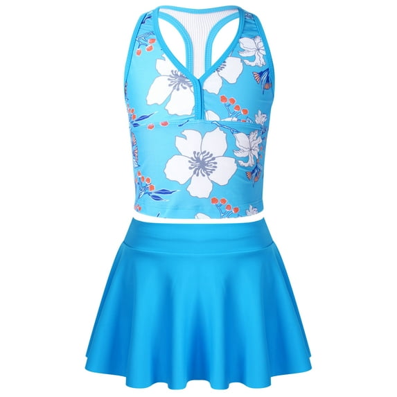 iEFiEL Girls Floral Tankini Set with Skirt 3pcs Set Swimsuit Bathing Suit,Sizes 4-14 Blue 12