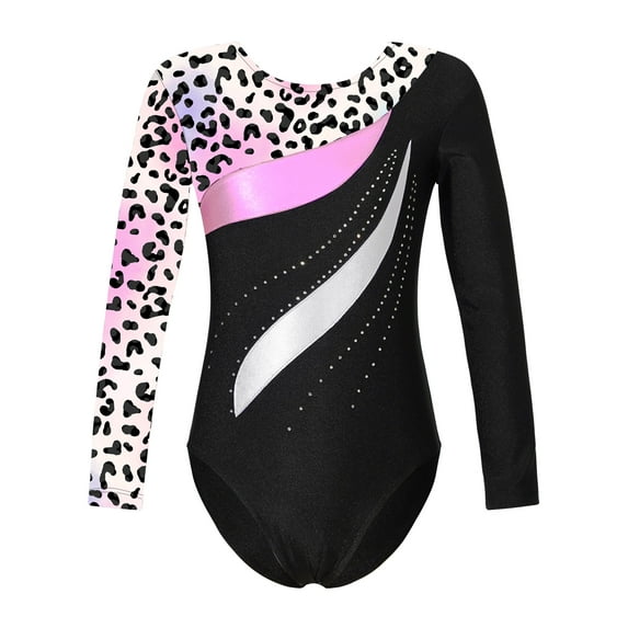 iEFiEL Girls Gymnastics Leotard Shiny Rhinestone Long Sleeve Colorful Print Bodysuit Dance Costume Leopard Colorful 6
