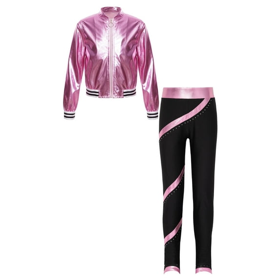 iEFiEL Girls Hip Hop Street Dance Outfit Metallic Long Sleeve Bomber Jacket with High Waist Pants Activewear A Pink 12