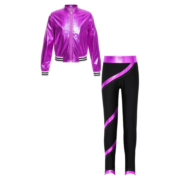 iEFiEL Girls Hip Hop Street Dance Outfit Metallic Long Sleeve Bomber Jacket with High Waist Pants Activewear Purple 14