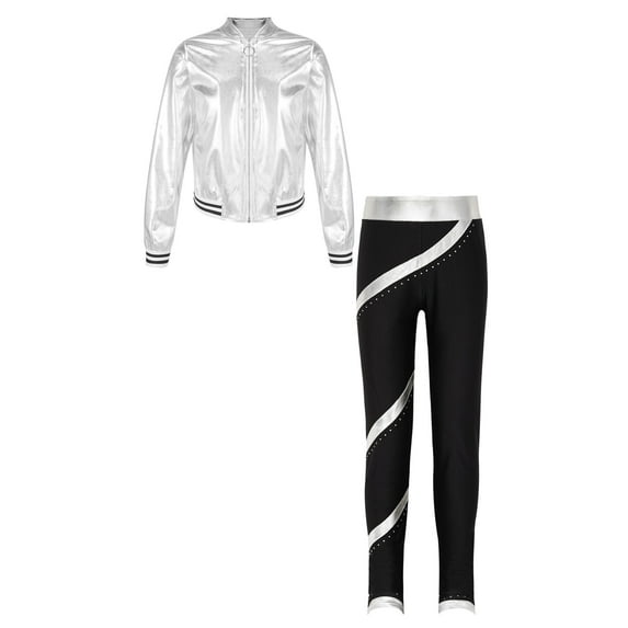 iEFiEL Girls Hip Hop Street Dance Outfit Metallic Long Sleeve Bomber Jacket with High Waist Pants Activewear Silver 16