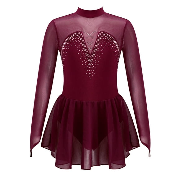 iEFiEL Girls Ice Skating Dress Shiny Rhinestone Ballet Dance Leotard Costume Burgundy 6