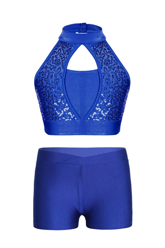 Girls Jazz Hip Hop Dance Outfit Street Dance Teamwear Halter Sequins Crop Top with Shorts Gymnastics Dancewear Royal Blue 14