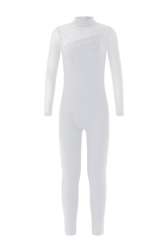 Girls Juniors Mesh Long Sleeve Shiny Rhinestone Decor Dance Gymnastics Jumpsuit