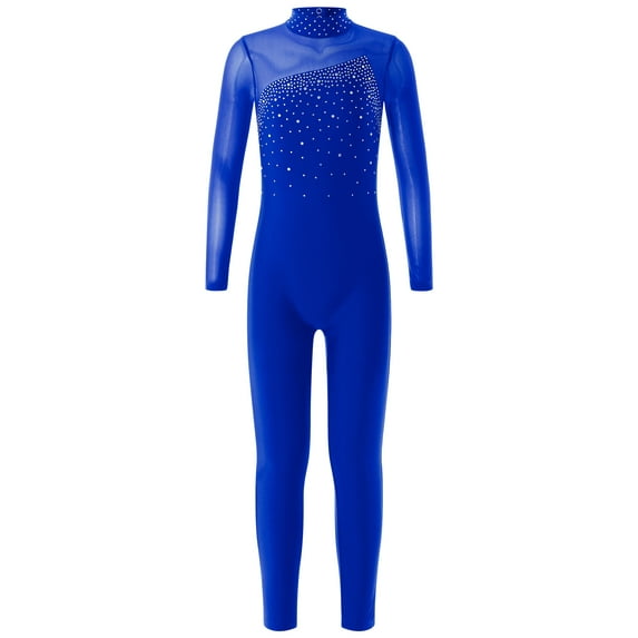 iEFiEL Girls Juniors Mesh Long Sleeve Shiny Rhinestone Decor Dance Gymnastics Jumpsuit
