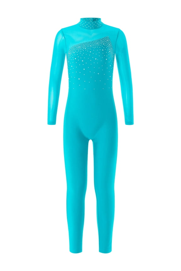 Girls Juniors Mesh Long Sleeve Shiny Rhinestone Decor Dance Gymnastics Jumpsuit