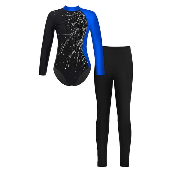 iEFiEL Girls Long Sleeve Contrast Color Gym Suit Shiny Rhinestone Leotard with Leggings Activewear for Dance Sports Skating Blue&Black 10