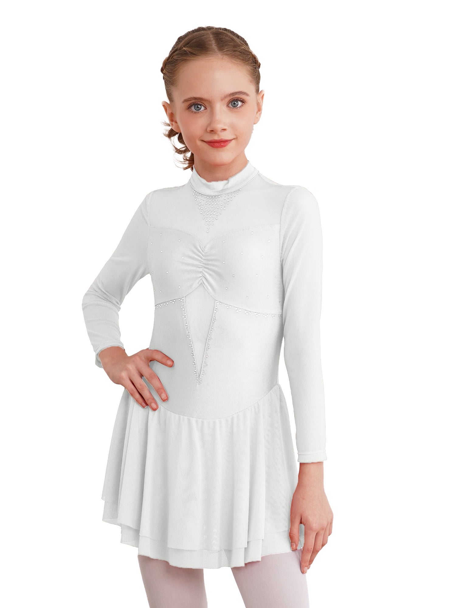 iEFiEL Girls Long Sleeve Dance Skirted Leotard Figure Ice Skating