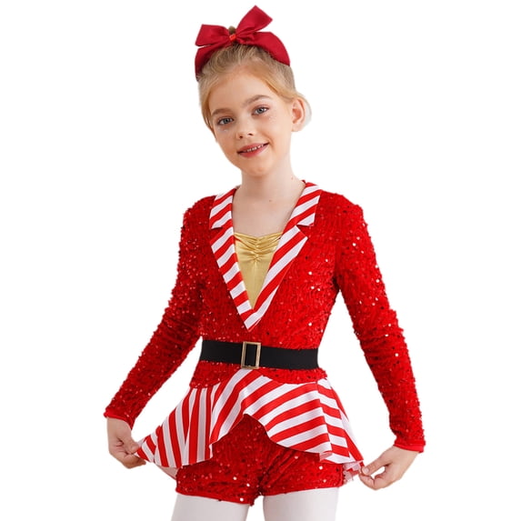 iEFiEL Girls Long Sleeve Gymnastics Leotard Figure Skating Dance Bodysuit Christmas Candy Cane Outfit Red 6