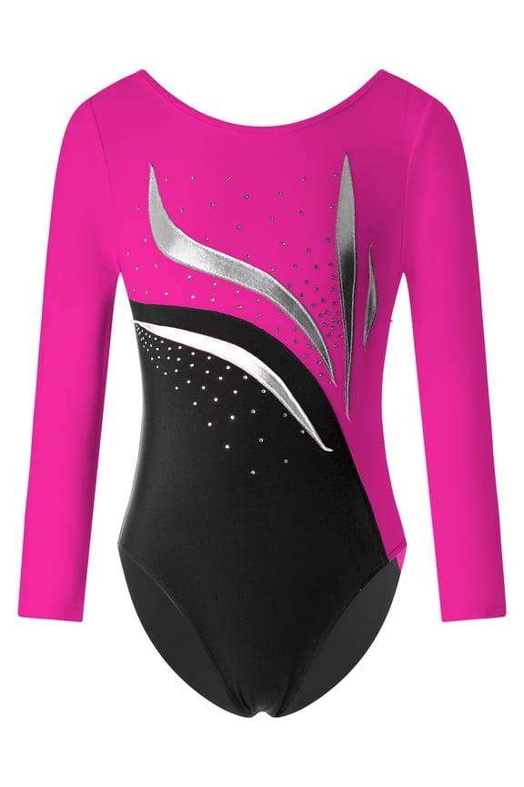 Girls Long Sleeve Shiny Rhinestone Dance Leotard Slim Fit Gymnastics Sports Outfit Hot Pink 8