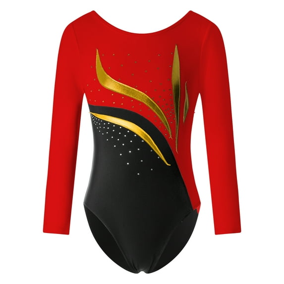 iEFiEL Girls Long Sleeve Shiny Rhinestone Dance Leotard Slim Fit Gymnastics Sports Outfit Red 16