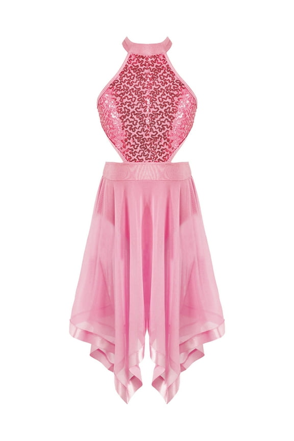 Girls Lyrical Ballet Dance Dress Halter Sequins High-Low Skirted Leotard
