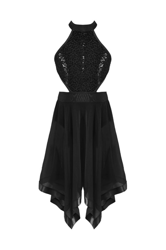 Girls Lyrical Ballet Dance Dress Halter Sequins High-Low Skirted Leotard