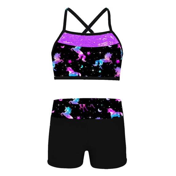 iEFiEL Girls Mermaid Print 2Pcs Ballet Dance Outfit Gymnastics Crop Top Shorts Set,Sizes 4-14 Dark Night Black 6