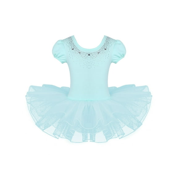 iEFiEL Girls Mesh Short Bubble Sleeves Sparkly Rhinestones Ballet Dance Leotard Tutu Dress