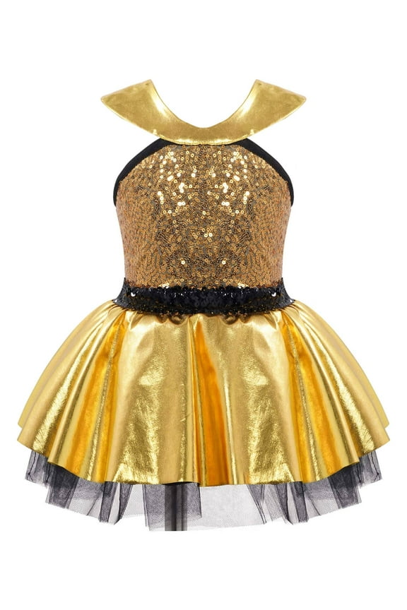 Girls Metallic Sequins Tutu Dress Dancewear Ballet Performance Skirted Leotard Gold 14