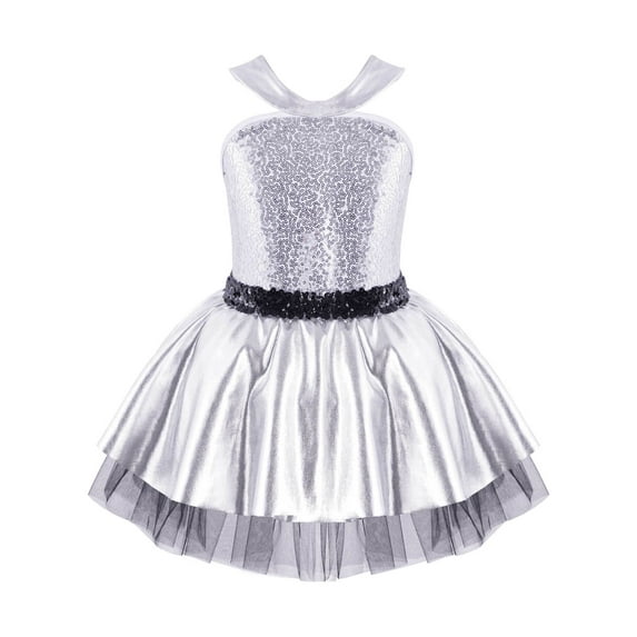 iEFiEL Girls Metallic Sequins Tutu Dress Dancewear Ballet Performance Skirted Leotard Silver 4