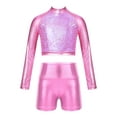thumbnail image 1 of iEFiEL Girls Metallic Sports Suit Long Sleeve Crop Top with Athletic Shorts Hip-hop Dance Performance Outfit Pink 10, 1 of 5
