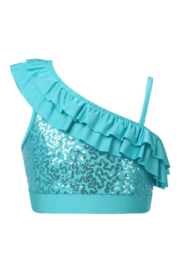 Girls Metallic Turtleneck Crop Tank Top for Ballet Dance Performance Workout Blue 12