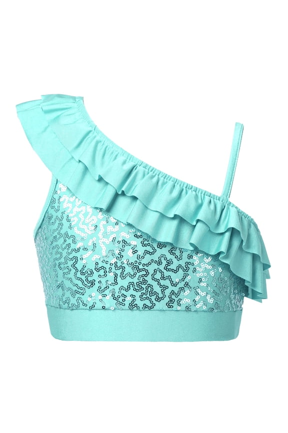 Girls Metallic Turtleneck Crop Tank Top for Ballet Dance Performance Workout Mint Green 12