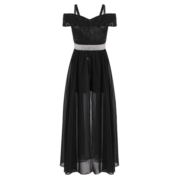 iEFiEL Girls Off-the-Shoulder Lace Chiffon Maxi Romper Dress Flower Girls Princess Pageant Ball Gown Black 14