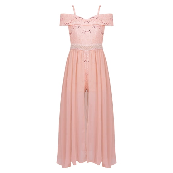iEFiEL Girls Off-the-Shoulder Lace Chiffon Maxi Romper Dress Flower Girls Princess Pageant Ball Gown Light Pink 8