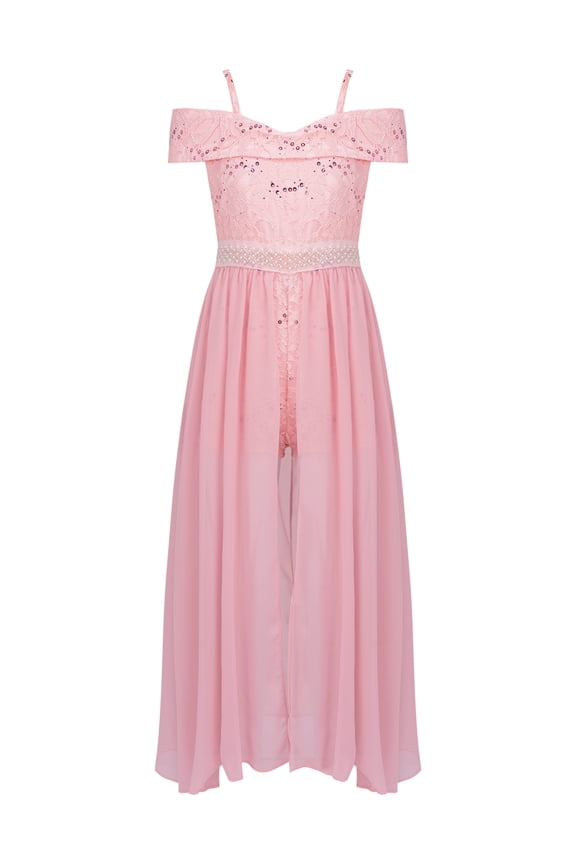 Girls Off-the-Shoulder Lace Chiffon Maxi Romper Dress Flower Girls Princess Pageant Ball Gown Pink 12