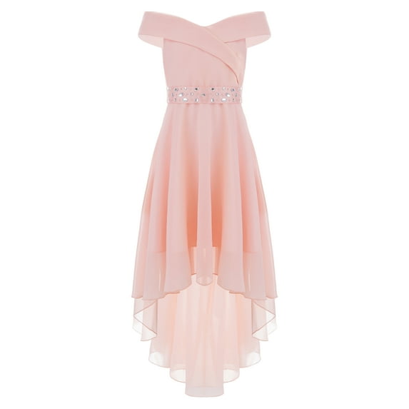 iEFiEL Girls Off-the-Shoulder Lace Chiffon Maxi Romper Dress Flower Girls Princess Pageant Ball Gown Pink-A 12