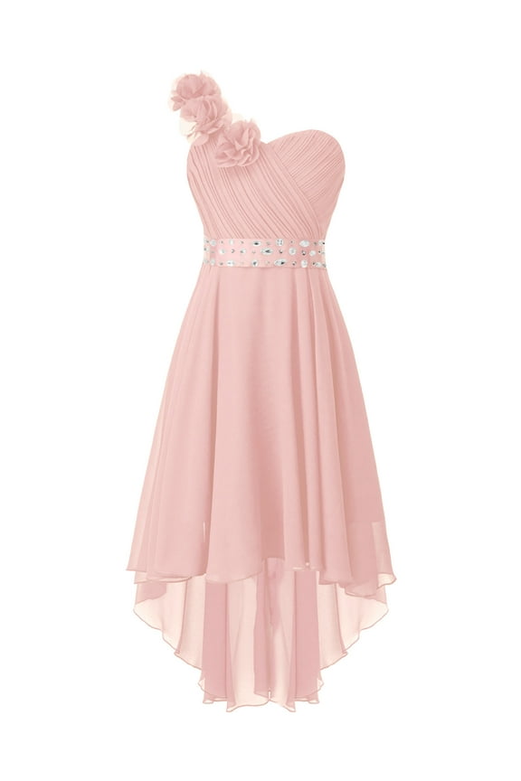Girls One Shoulder Chiffon Party Dress Wedding Bridesmaid Pageant Flower Dresses with Beaded Sash