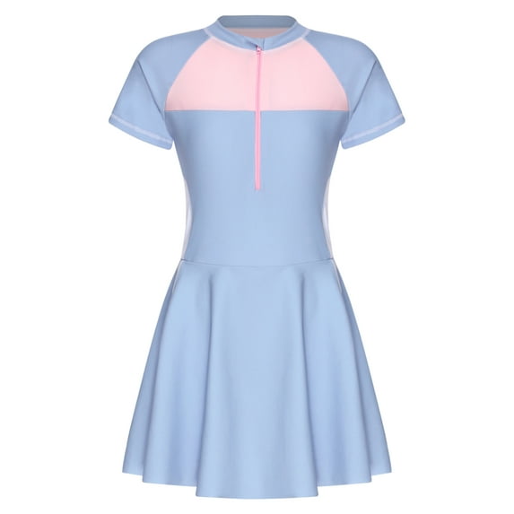 iEFiEL Girls One-piece Swimsuit Color Block Patchwork Swim Dress Bathing Suit Half Zip Rash Guard Swimwear Light Blue 13-14