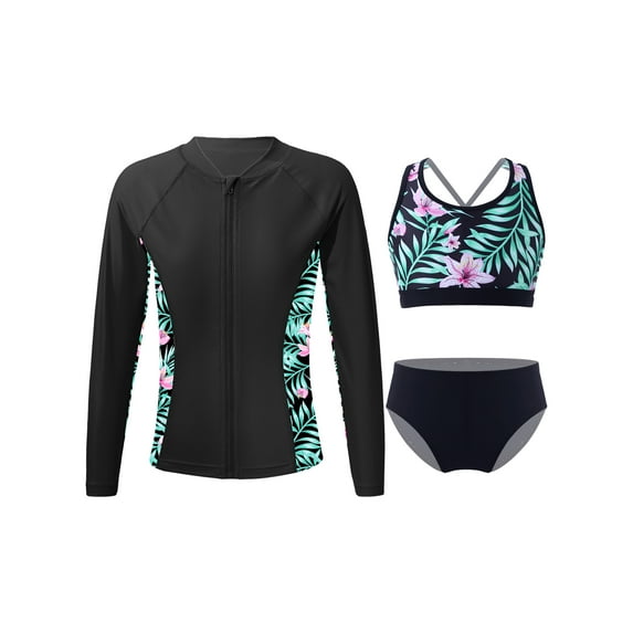 iEFiEL Girls Printed Swimsuit Long Sleeve Swim Tops with Strappy Back Crop Top Briefs Bathing Swimming Set Zipper Black 16