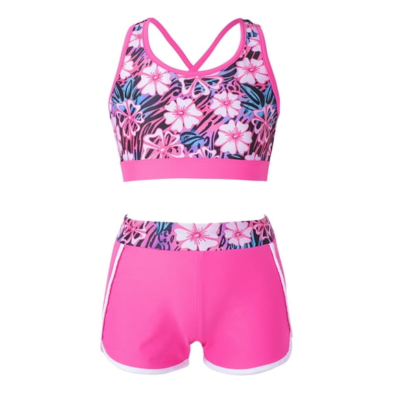 iEFiEL Girls Printed Swimsuit Outfit U Neck Strappy Back Crop Top with Boyshorts Bottoms Set Beach Pool Bathing Suit Rose Red 14