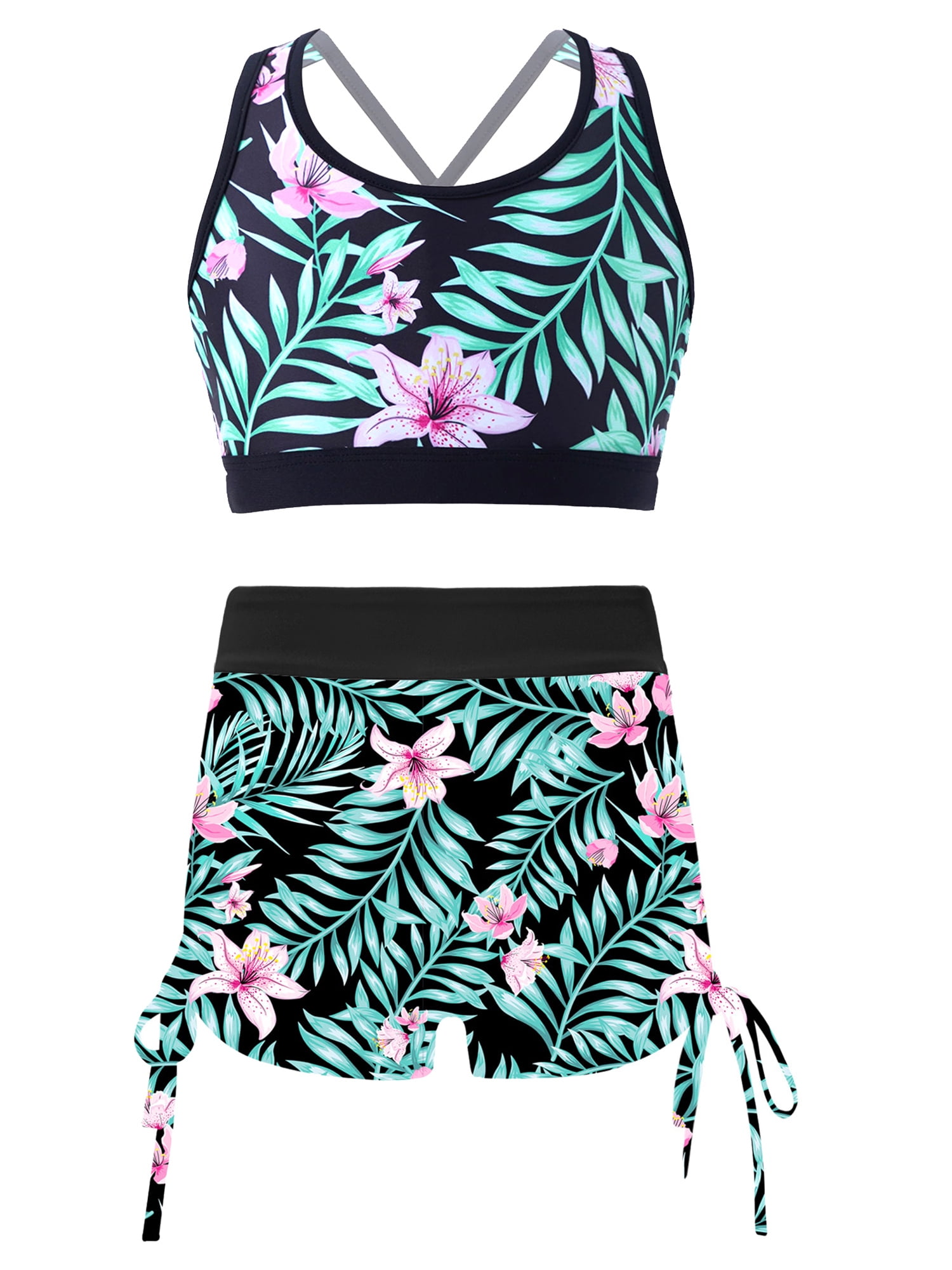 iEFiEL Girls Printed Swimwear Tankini Set Strappy Back Crop Top with