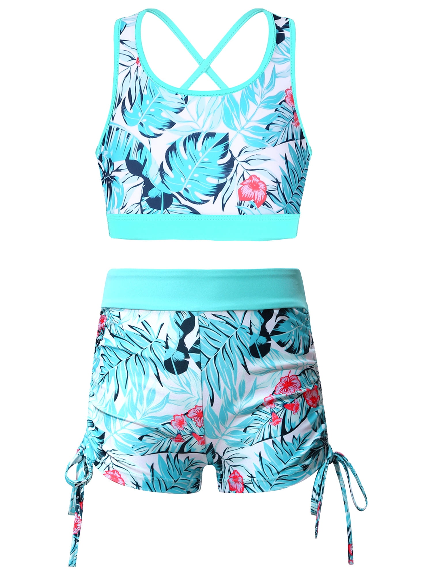 iEFiEL Girls Printed Swimwear Tankini Set Strappy Back Crop Top with