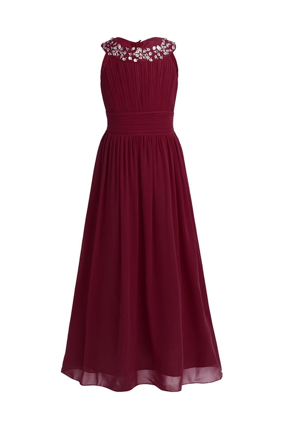 Girls Rhinestone Accent Wedding Bridesmaid Pageant Birthday Party Dress Burgundy 4