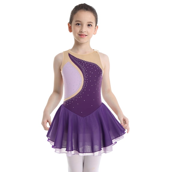iEFiEL Girls Rhinestone Ballet Leotard Mesh Splice Gymnastic Bodysuit Dancewear Purple 14