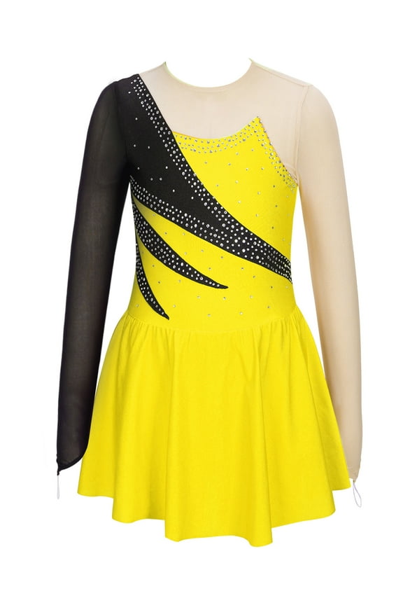 Girls Rhinestone Figure Skating Dress Long Sleeve Gymnastics Skirted Leotard Dancewear