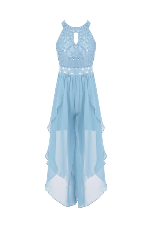 Girls Rhinestone Floral Lace Maxi Romper Dress for Pageant School Dance Birthday Party