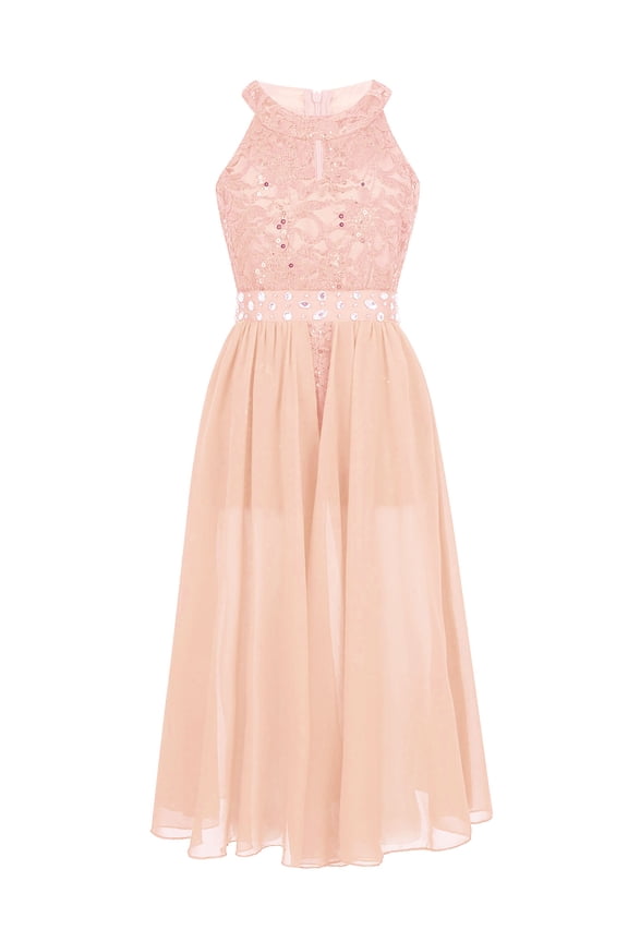 Girls Rhinestone Floral Lace Maxi Romper Dress for Pageant School Dance Birthday Party