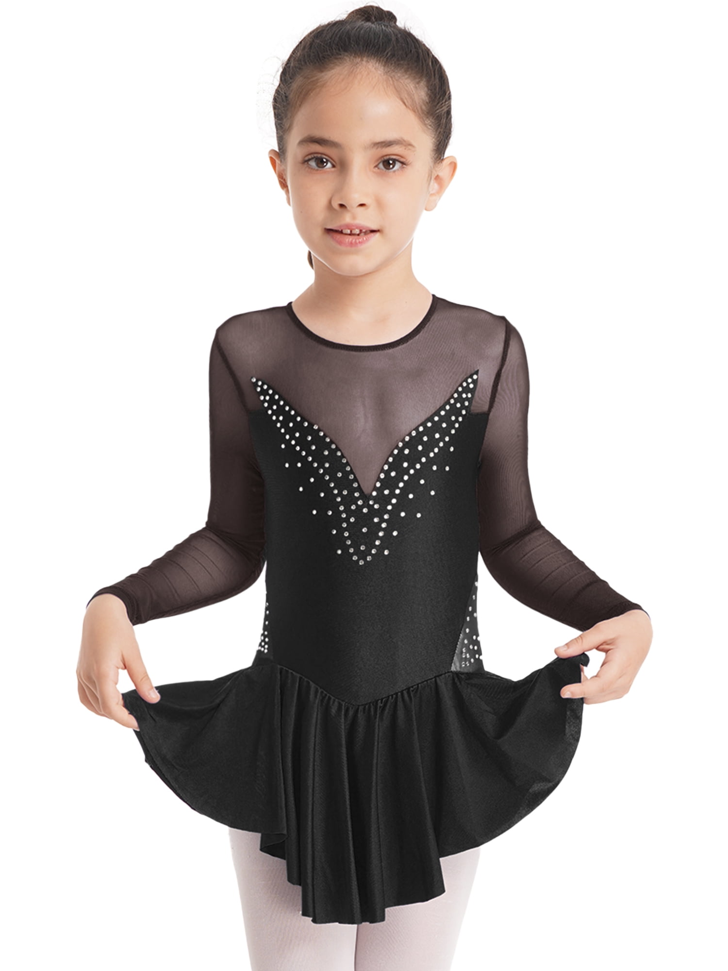 iEFiEL Girls Rhinestone Leotard Ballet Dress Mesh Splice Figure Ice