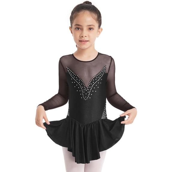 iEFiEL Girls Rhinestone Leotard Ballet Dress Mesh Splice Figure Ice Skating Dress Dance Costume